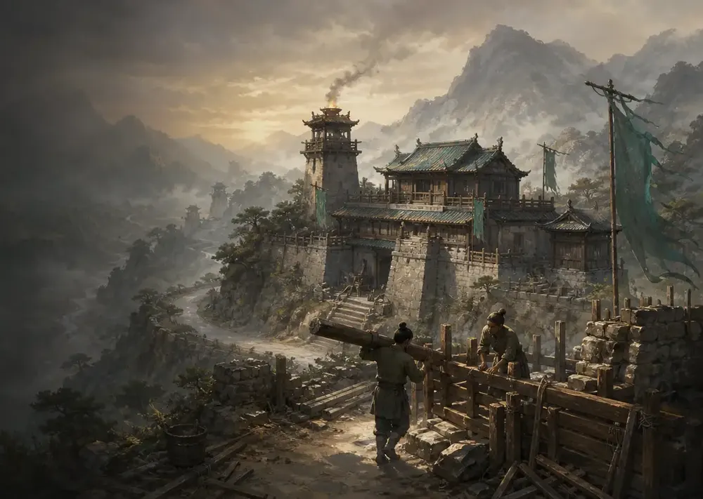 Official Jianghu Pass artwork: Builders constructing defenses outside the stronghold
