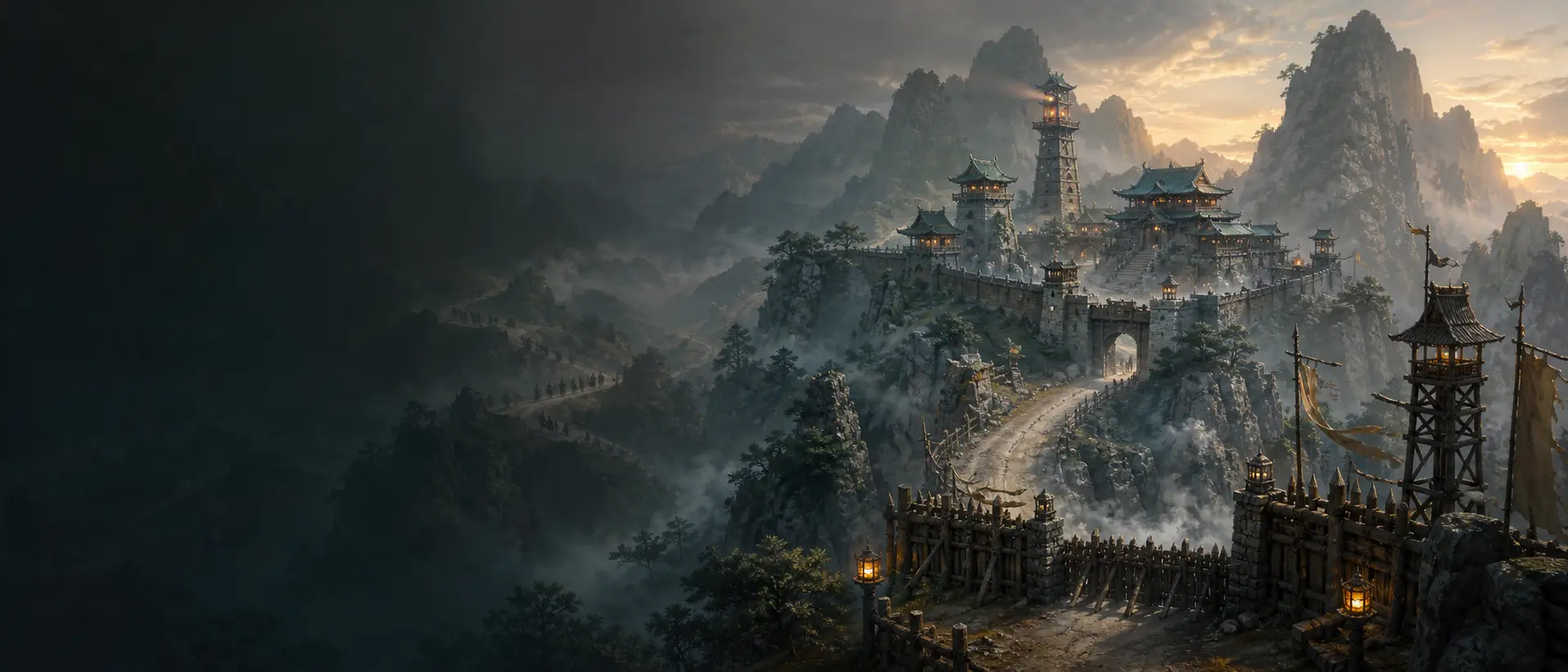 Official Jianghu Pass artwork: a mountain stronghold, towers and defensive walls